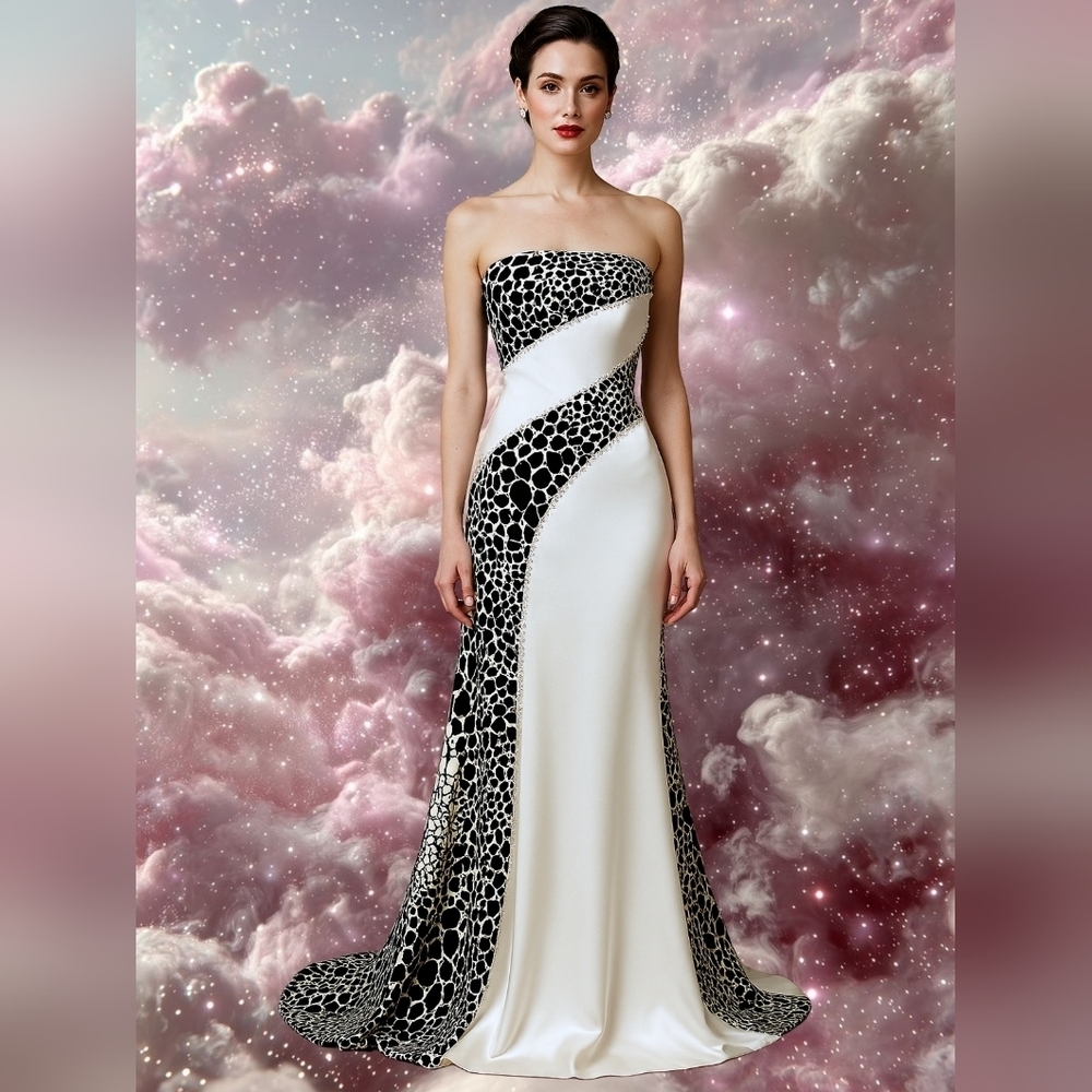 Night Moves Strapless Black And White Animal Print Gown